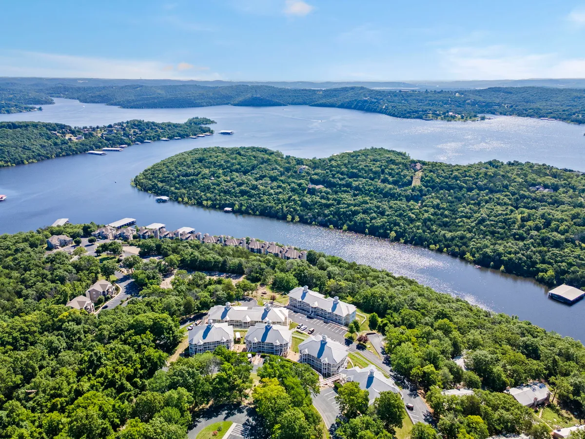 A sweeping view of the Ozark landscape showing lush greenery, a sparkling body of water, winding riverbanks, and residential buildings nestled among the trees. The setting is serene and picturesque, evoking the tranquility and natural beauty of the area.